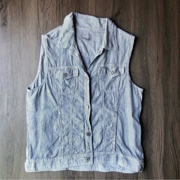 Kenar Linen Vest Women’s Large Gray White Railroad Stripe Coastal Beachy - Picture 1 of 6